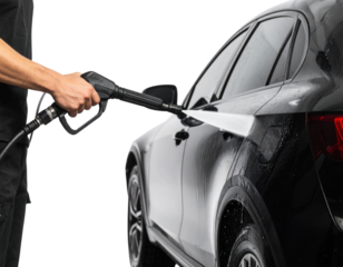 A person pressure washes a black SUV, cleaning its side and rear wheel against a dark background.