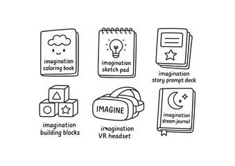 hand drawn cute out doodle style isolated imagination coloring book imagination sketch pad imagination story prompt deck imagination building blocks imagination VR headset imagination dream