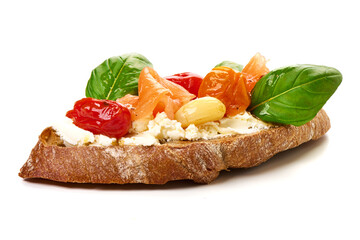 Smoked Salmon Toast with Tomatoes and Basil, isolated on white background