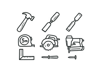 Fototapeta premium hand drawn cute out doodle style isolated carpenter hammer carpenter wood chisel carpenter tape measure carpenter circular saw carpenter carpenter s square carpenter nail gun