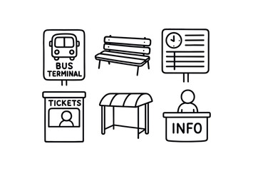 hand drawn cute out doodle style isolated bus terminal signboard bus terminal seating bench bus terminal timetable display bus terminal ticket kiosk bus terminal shelter awning bus terminal