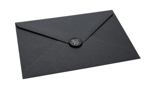 A sleek black envelope with a button and string closure is displayed, offering a minimalist and elegant design.