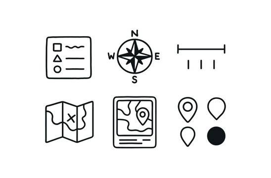 hand drawn cute out doodle style isolated map legend key map compass rose map scale ler map folding board map laminate sheet map marker