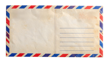 A vintage airmail envelope with red and blue diagonal stripes on the border and space for writing an address on the right side.