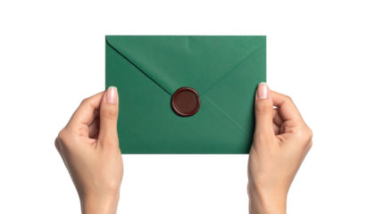 Two hands hold a green envelope sealed with a dark red wax stamp.