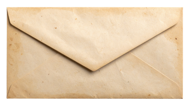 A vintage, slightly worn brown paper envelope with visible creases and subtle stains on its surface.