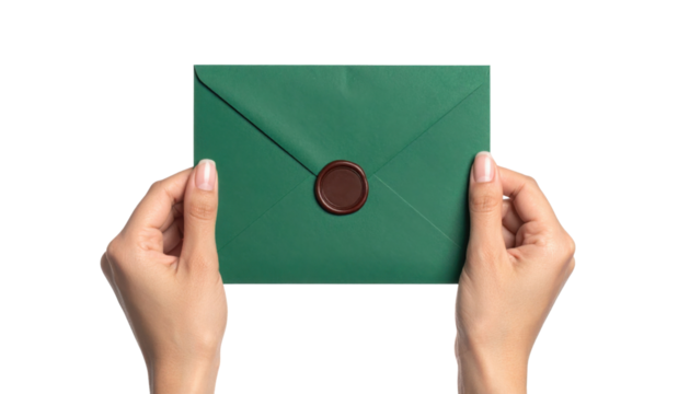 Two hands hold a green envelope sealed with a dark red wax stamp.
