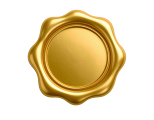 A shiny golden wax seal with a smooth circular center and scalloped edges in a classic design.