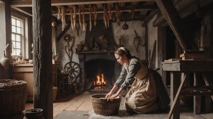Woman kneels washing clothes in a wooden tub beside a fireplace indoors