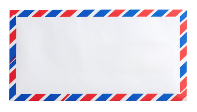 A rectangular airmail envelope with red, white, and blue diagonal stripes along the edges.