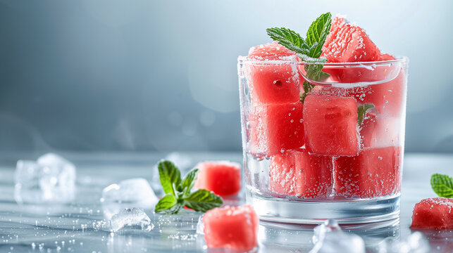 Frozen Watermelon Ice Cubes in Glass with Mint and Condensation