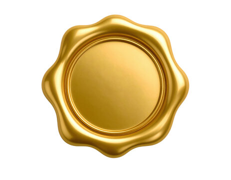 A shiny golden wax seal with a smooth circular center and scalloped edges in a classic design.