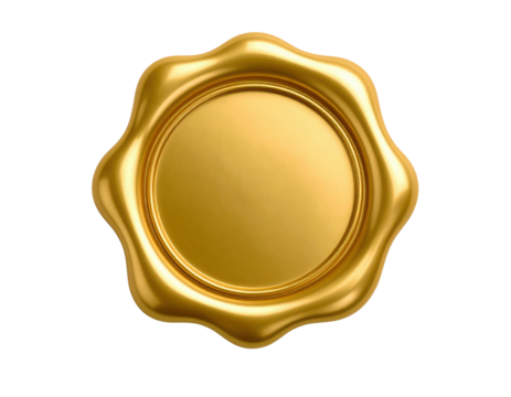 A shiny golden wax seal with a smooth circular center and scalloped edges in a classic design.