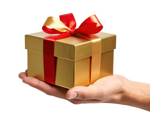 A hand holding a gold gift box adorned with red and gold ribbons tied into a bow.