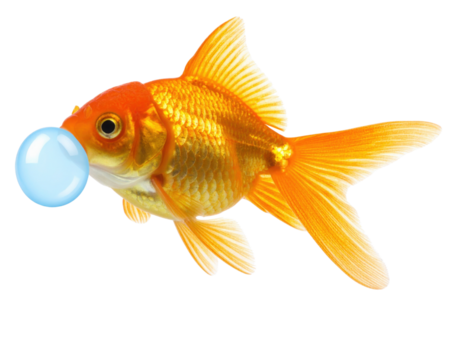 A vibrant goldfish with detailed scales and fins is depicted blowing a bubble from its mouth.
