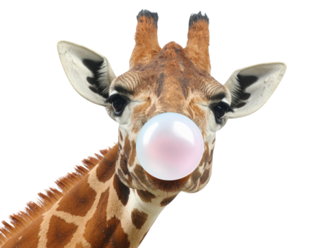 A close-up of a giraffe blowing a large pink bubblegum bubble against a black background.