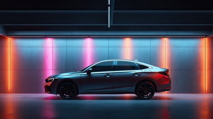 Sleek sedan in neon-lit garage