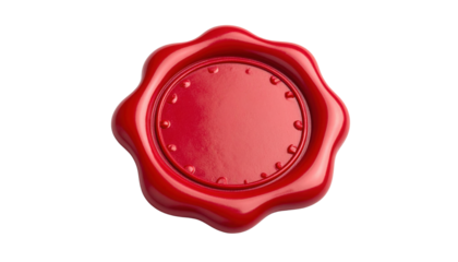 A shiny red wax seal with a circular shape and wavy edges, featuring small raised dots along the inner ring.
