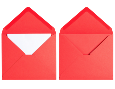 Two red envelopes, one open with a visible white card inside, and the other closed, both displayed side by side.