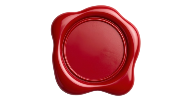 A red wax seal with an irregular, rounded shape and a circular indentation in the center. - Powered by Adobe