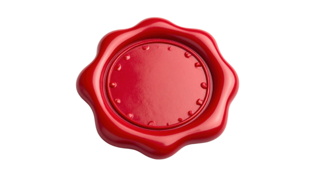 A shiny red wax seal with a circular shape and wavy edges, featuring small raised dots along the inner ring.
