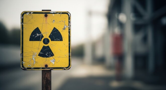 A weathered yellow radiation warning sign on a rusty pole, with a blurred industrial facility in the background.