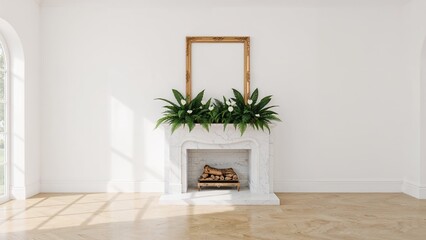Living room decor featuring a white theme with plants and a framed picture above the fireplace