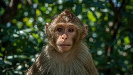 Obraz premium Detailed portrait of a macaque in a tropical forest setting