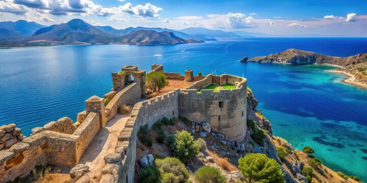 Ancient fortress ruins overlooking the turquoise Aegean Sea