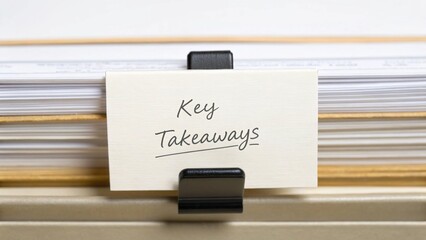 A close-up of a file folder tab labeled "Key Takeaways" clipped in an organized filing system.