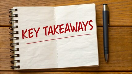 A notebook with the words "KEY TAKEAWAYS" written in red ink, placed on a wooden surface next to a black pen.