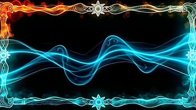 Amidst softly cascading lights, a Runic Border Frame inscribed with glowing glyphs appears, lending a vibrant core that transitions through fiery oranges and serene teals, accompanied by