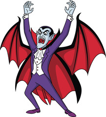 Scary cartoon vampire character with red wings, blue skin, purple suit, fangs, Halloween monster, spooky undead creature, vector illustration