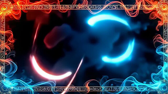 In an explosion of colors, a Runic Border Frame inscribed with glowing glyphs manifests, surrounded by lively swirls of flaming reds and cool aquamarines, where animated arcs of light frolic