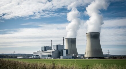 A large power plant with two cooling towers releasing plumes of steam, set in a green rural landscape under a partly cloudy sky.