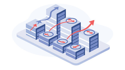 Fototapeta premium Isometric illustration of rising bar graph with arrows indicating growth and direction change