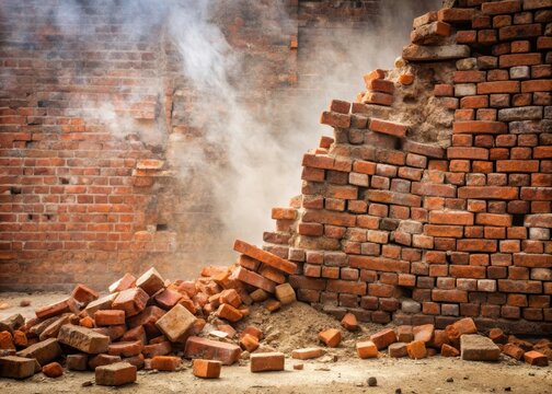 A crumbling brick wall with a few bricks fallen on the ground