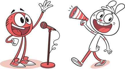 Two funny cartoon characters with a microphone and a megaphone