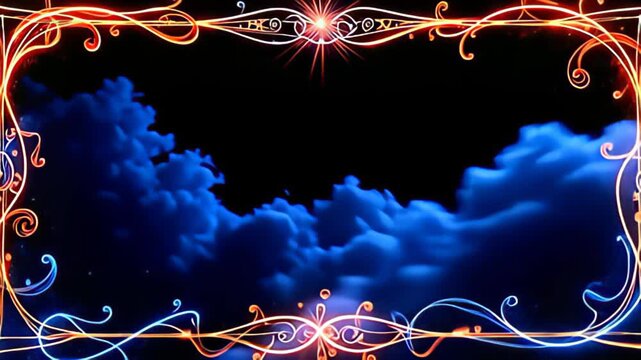 Beneath the celestial glow, a Runic Border Frame inscribed with glowing glyphs emerges, with hypnotic spirals of rich sapphire and luminous copper coiling around, where animated waves of