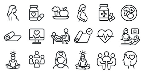 Health and wellness line icons set – outline, fitness, medical symbols