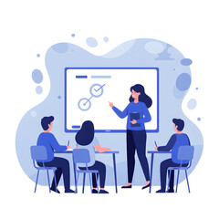 Fototapeta premium A female teacher presents a lesson on a whiteboard to students sitting at desks in a classroom.