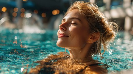 Young woman swims in swimming pool at sunset during summer vacation in a luxury resort