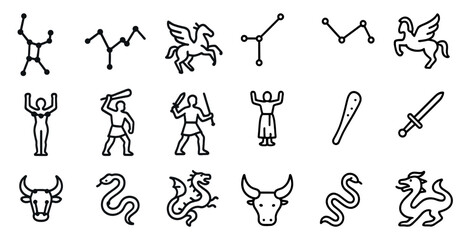 Constellation and mythology outline icons set – celestial, zodiac, mythical symbols