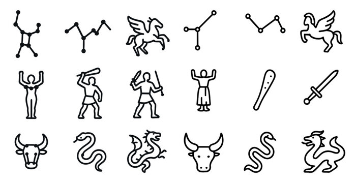 Constellation and mythology outline icons set &ndash; celestial, zodiac, mythical symbols