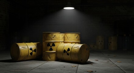 A pile of yellow barrels of radioactive waste sits in a dark, dirty room, illuminated by a single spotlight from above.