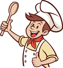 Happy Chef Character with Wooden Spoon and Thumbs Up