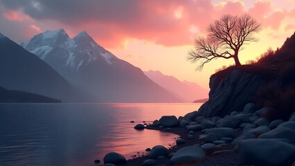 Majestic Mountain Lake Sunset with Solitary Tree