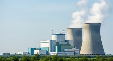 Obraz premium A modern nuclear power station generating electricity, with its reactor building and cooling towers visible behind green trees.