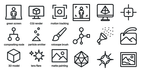 Video production outline icons set – linear, filmmaking and editing tools