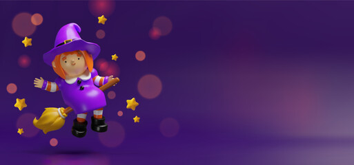 A cheerful 3D Halloween banner featuring a flying witch girl in a purple costume, by glowing stars. Seasonal party invitations, Halloween promotions, childrens content, and spooky-themed designs.